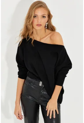 Kadın Siyah Düşük Omuz Triko Bluz YZ617