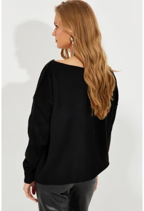 Kadın Siyah Düşük Omuz Triko Bluz YZ617