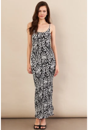 Kadın Siyah-Ekru Desenli Maxi Elbise FLS08