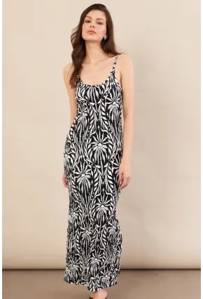 Kadın Siyah-Ekru Desenli Maxi Elbise FLS08
