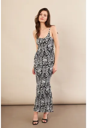 Kadın Siyah-Ekru Desenli Maxi Elbise FLS08