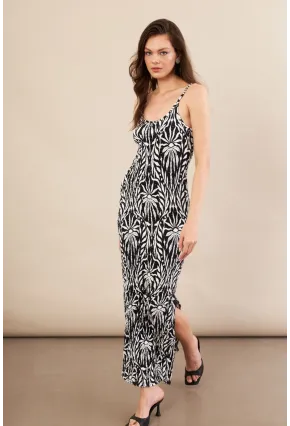 Kadın Siyah-Ekru Desenli Maxi Elbise FLS08