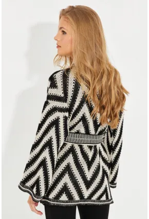 Kadın Siyah-Ekru Kemerli Zikzak Triko Hırka MİW1525