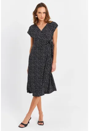 Kadın Siyah-Ekru Kruvaze Puantiyeli Midi Elbise EY3071