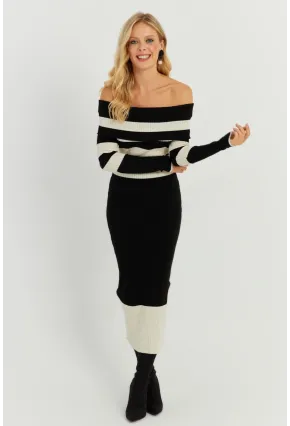 Kadın Siyah-Ekru Madonna Çizgili Triko Midi Elbise KED143