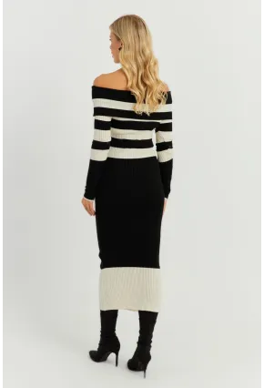 Kadın Siyah-Ekru Madonna Çizgili Triko Midi Elbise KED143