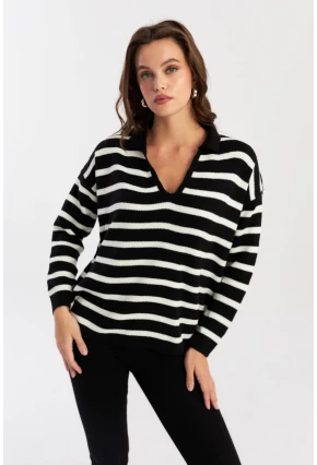 Kadın Siyah-Ekru Polo Yaka Çizgili Triko Kazak COL01