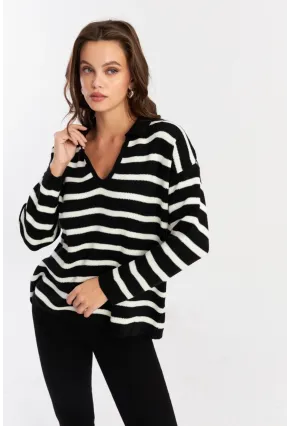 Kadın Siyah-Ekru Polo Yaka Çizgili Triko Kazak COL01
