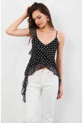 Kadın Siyah-Ekru Puantiye Desenli Fırfırlı Şifon Bluz FS033