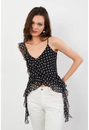 Kadın Siyah-Ekru Puantiye Desenli Fırfırlı Şifon Bluz FS033