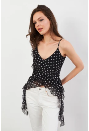 Kadın Siyah-Ekru Puantiye Desenli Fırfırlı Şifon Bluz FS033