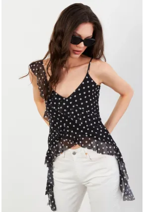 Kadın Siyah-Ekru Puantiye Desenli Fırfırlı Şifon Bluz FS033