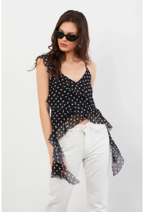 Kadın Siyah-Ekru Puantiye Desenli Fırfırlı Şifon Bluz FS033