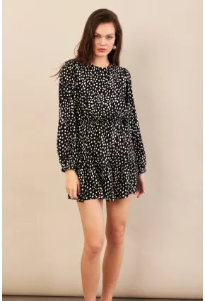 Kadın Siyah-Ekru Sırtı Açık Puantiyeli Mini Elbise BTY107