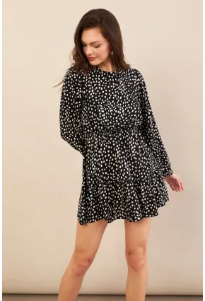 Kadın Siyah-Ekru Sırtı Açık Puantiyeli Mini Elbise BTY107