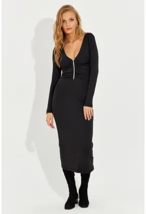 Kadın Siyah Fermuarlı Büzgülü Midi Elbise EY2578