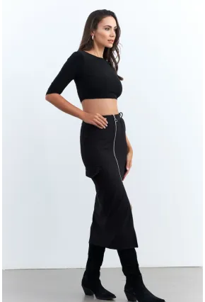 Kadın Siyah Fermuarlı Cepli Midi Etek ELT3999