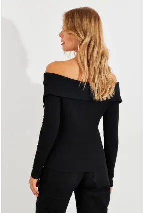 Kadın Siyah Fermuarlı Madonna Yaka Bluz EY2559