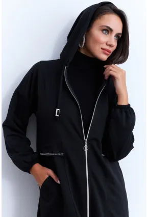 Kadın Siyah Fermuarlı Taşlı Sweat Elbise MASF21