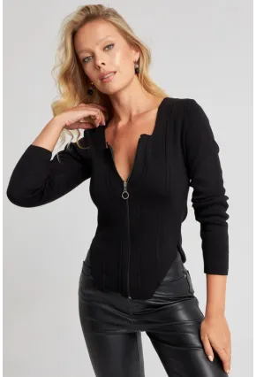 Kadın Siyah Fermuarlı Triko Kazak YZ523