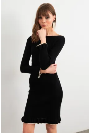 Kadın Siyah Fırfırlı Basic Triko Midi Elbise SF2559