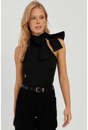 Kadın Siyah Fiyonklu Crop Bluz EY2726