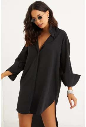 Kadın Siyah Gizli Düğmeli Tunik Gömlek Elbise SF1292