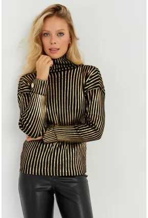 Kadın Siyah-Gold Düğme Detaylı Varaklı Triko Kazak SF2532