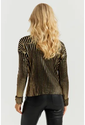 Kadın Siyah-Gold Düğme Detaylı Varaklı Triko Kazak SF2532
