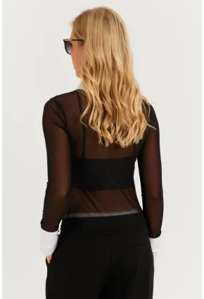 Kadın Siyah Gömlek Yaka Tül Bluz MEN2033