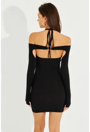 Kadın Siyah Halkalı İkili Mini Eldivenli Elbise B2770