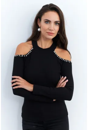 Kadın Siyah İnci Aksesuarlı Bluz RLO86