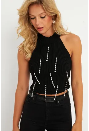 Kadın Siyah İnci Detaylı Triko Bluz KAZ005