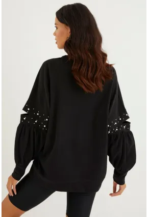 Kadın Siyah İncili Kol Detaylı Sweatshirt PKA400