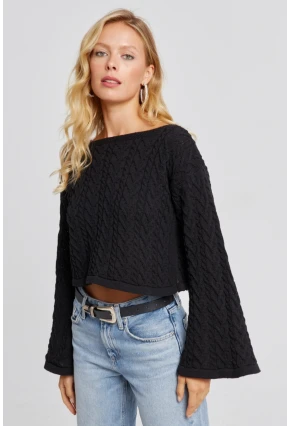 Kadın Siyah İspanyol Kol Ajurlu İnce Triko Kazak YV214-90