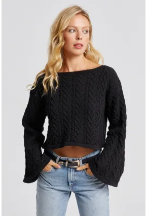 Kadın Siyah İspanyol Kol Ajurlu İnce Triko Kazak YV214-90