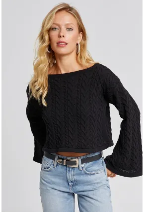 Kadın Siyah İspanyol Kol Ajurlu İnce Triko Kazak YV214-90