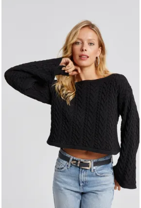 Kadın Siyah İspanyol Kol Ajurlu İnce Triko Kazak YV214-90