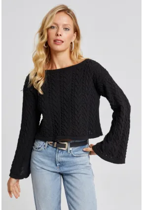 Kadın Siyah İspanyol Kol Ajurlu İnce Triko Kazak YV214-90