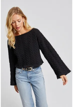 Kadın Siyah İspanyol Kol Ajurlu İnce Triko Kazak YV214-90