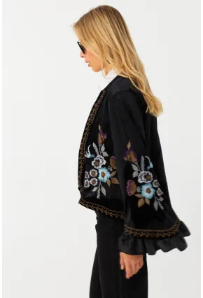 Kadın Siyah İspanyol Kol Nakışlı Kadife Simli Ceket QS5577