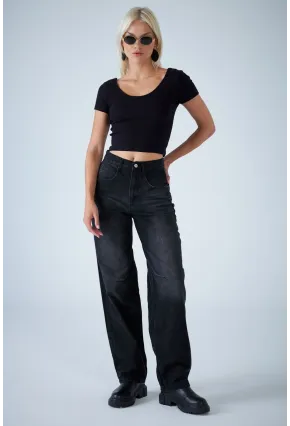 Kadın Siyah Yüksek Bel Baggy Jean TSS388