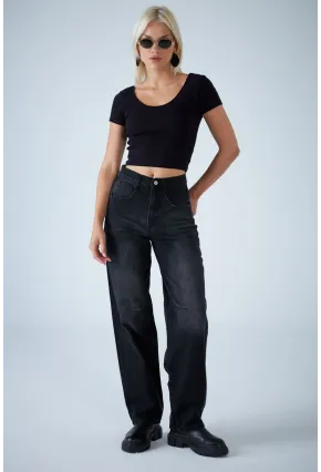 Kadın Siyah Yüksek Bel Baggy Jean TSS388