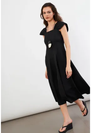 Kadın Siyah Kare Yaka Kloş Elbise NH102