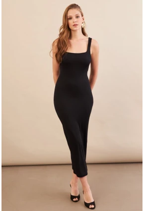 Kadın Siyah Kare Yaka Midi Elbise DMR295-90