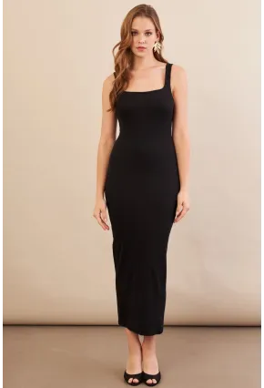 Kadın Siyah Kare Yaka Midi Elbise DMR295-90