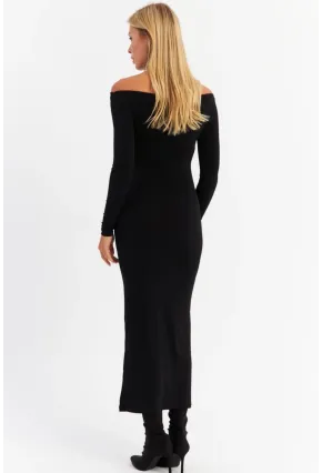 Kadın Siyah Kayık Yaka Maxi Yılbaşı Elbise HOR03