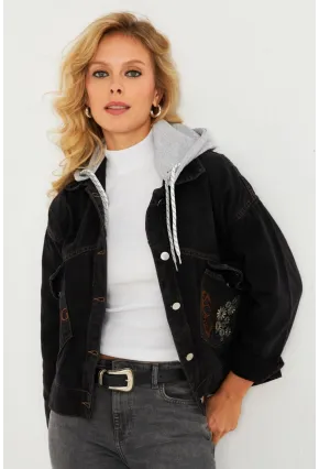 Kadın Siyah Kelebek Nakışlı Kapüşonlu Kot Ceket İS423