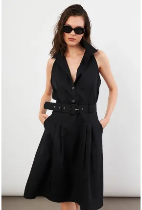 Kadın Siyah Kemerli Cepli Midi Elbise NH101