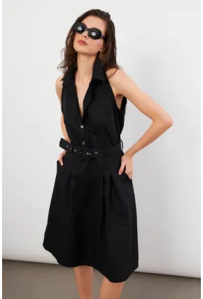 Kadın Siyah Kemerli Cepli Midi Elbise NH101
